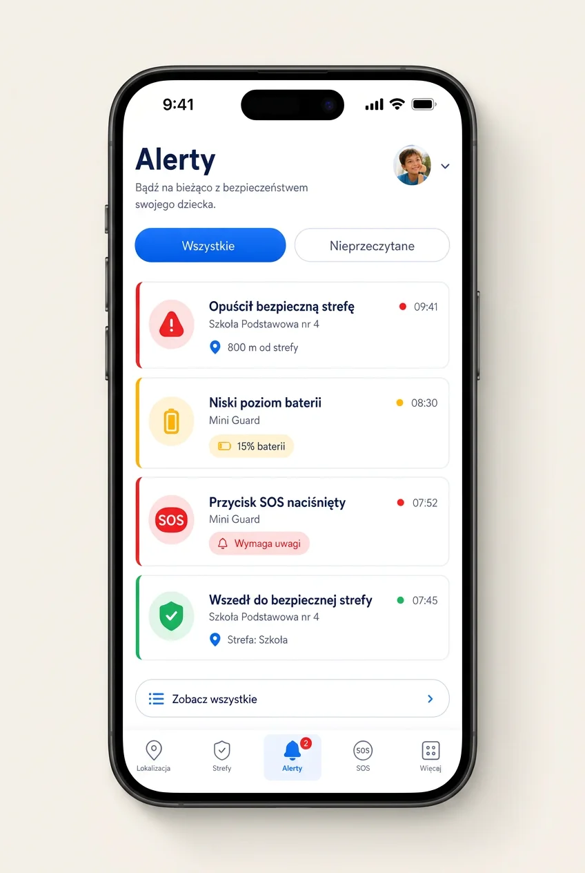 Ekran alertów Mini Guard z opuszczeniem strefy, niską baterią i powiadomieniami SOS