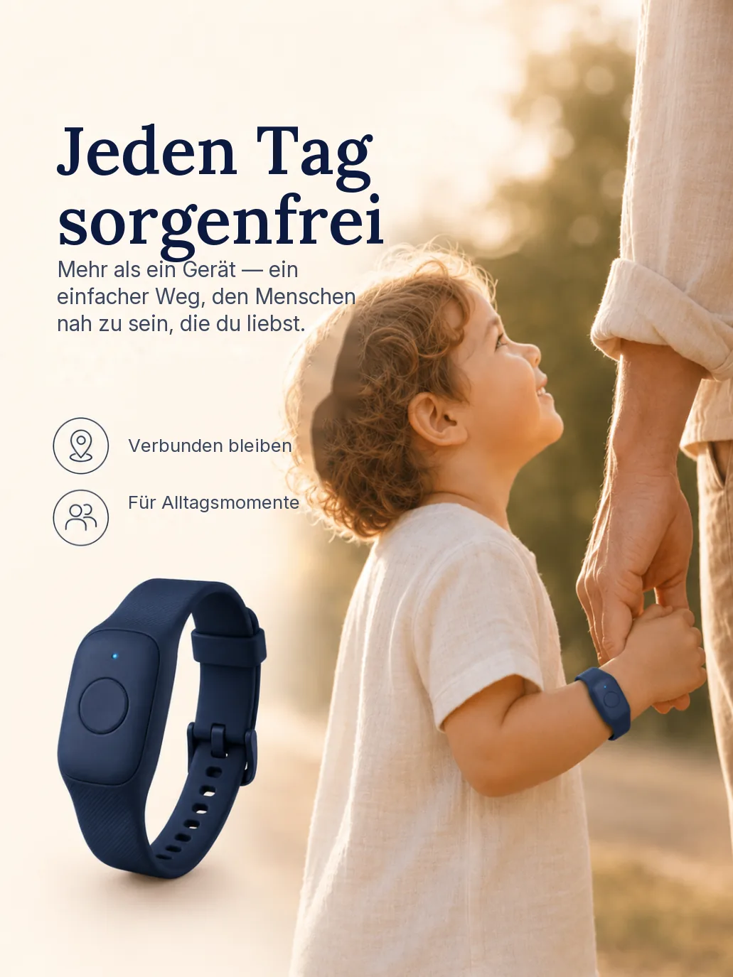 Happy child wearing Mini Guard GPS wristband playing on a sunny Baltic Sea beach
