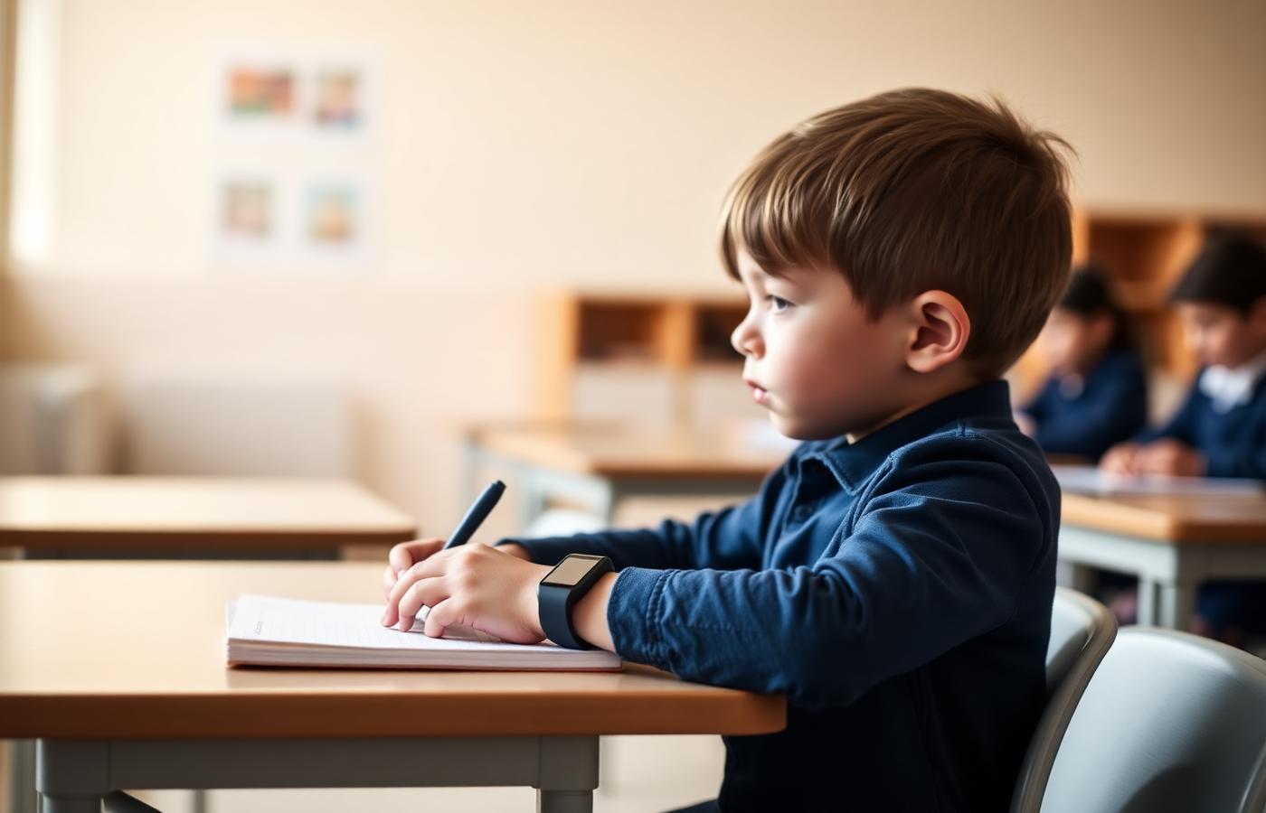 Dziecko skupione przy szkolnej ławce, opaska na nadgarstku, spokojna klasa w tle